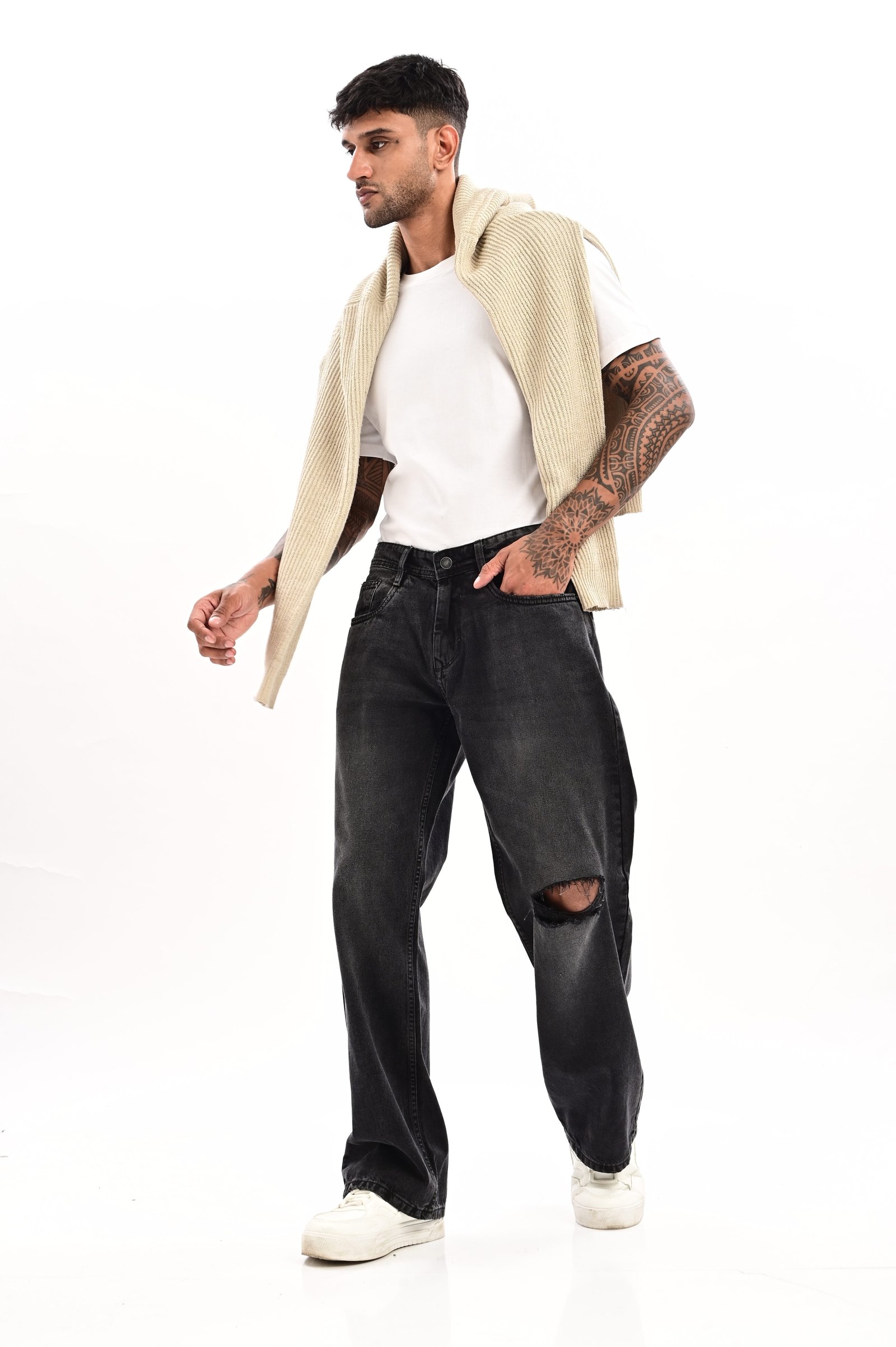 Loose fit black shaded knee ripped jeans