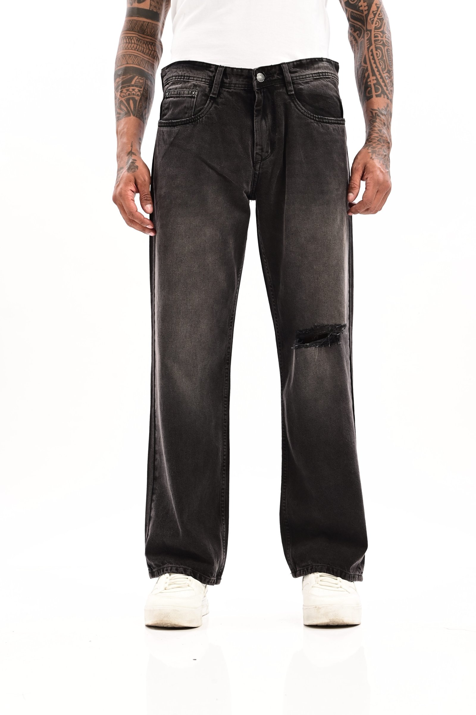 Loose fit black & red shaded knee ripped jeans